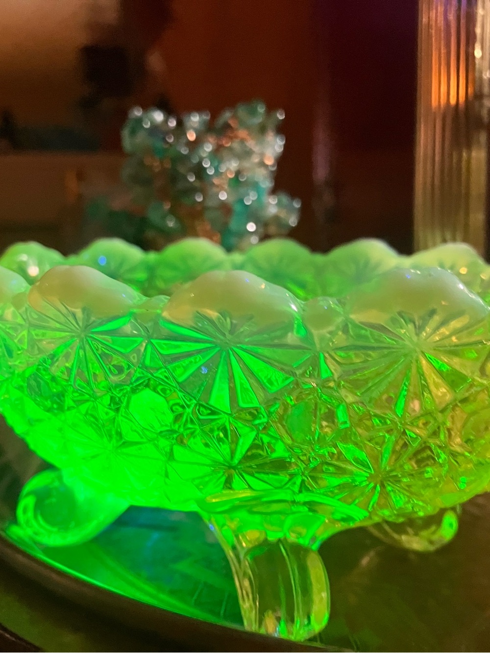 Vintage L.G. Wright Opalescent Vaseline Uranium Glass Footed Bowl - Daisy & Butt